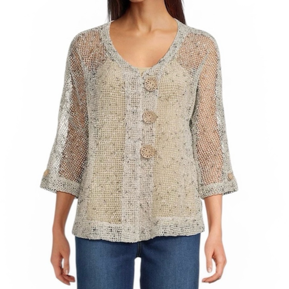 Ali Miles Lightweight Mesh -Knit Button Front V-neck Cardigan Beige Size Medium